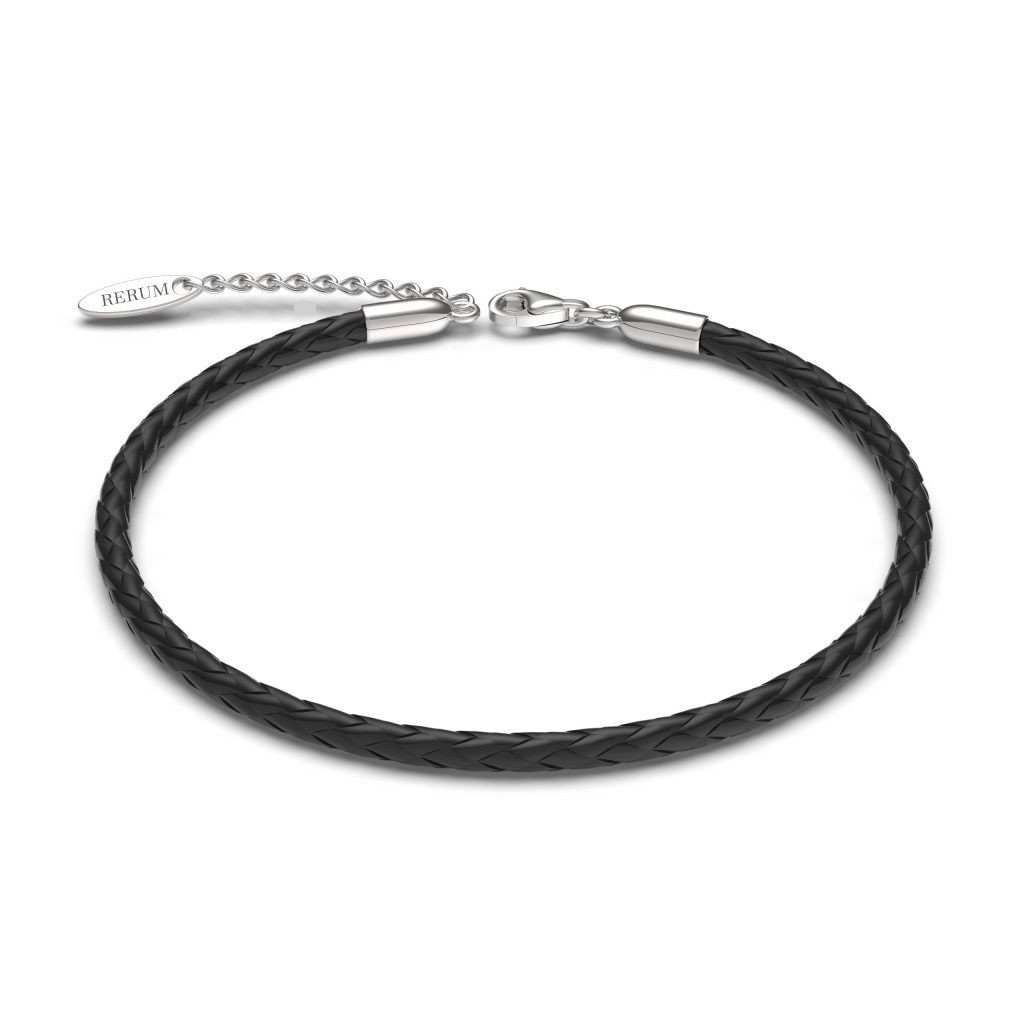 Bracciale in Cuoio Intrecciato Nero 17cm + 3cm ext.